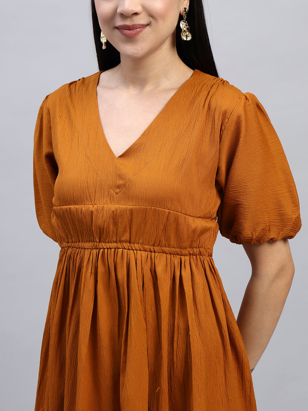 Women Mustard Solid Flared Dress