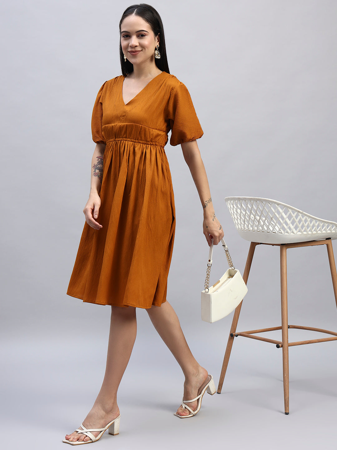 Women Mustard Solid Flared Dress