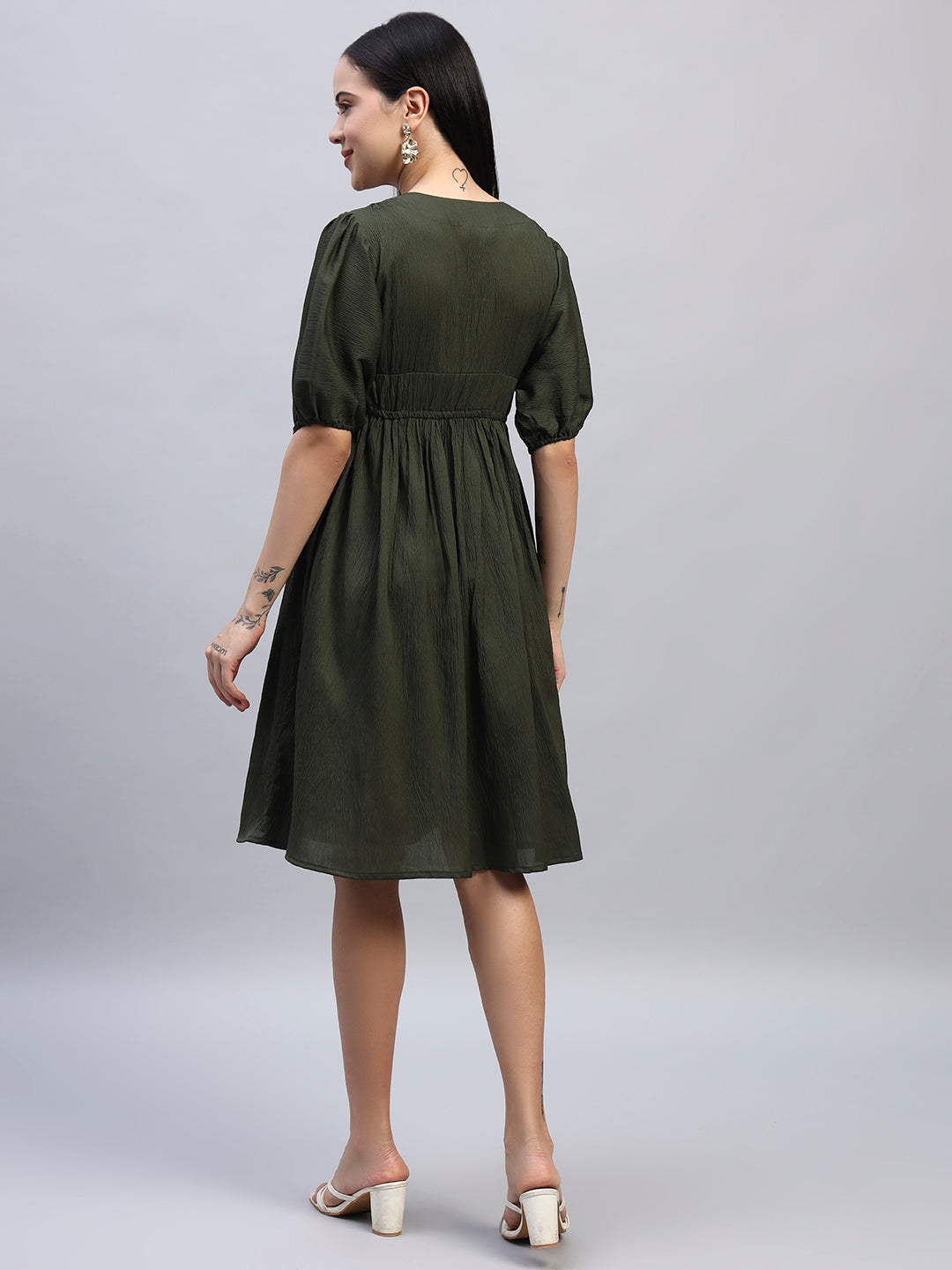 Women Dark Green Solid Flared Dress