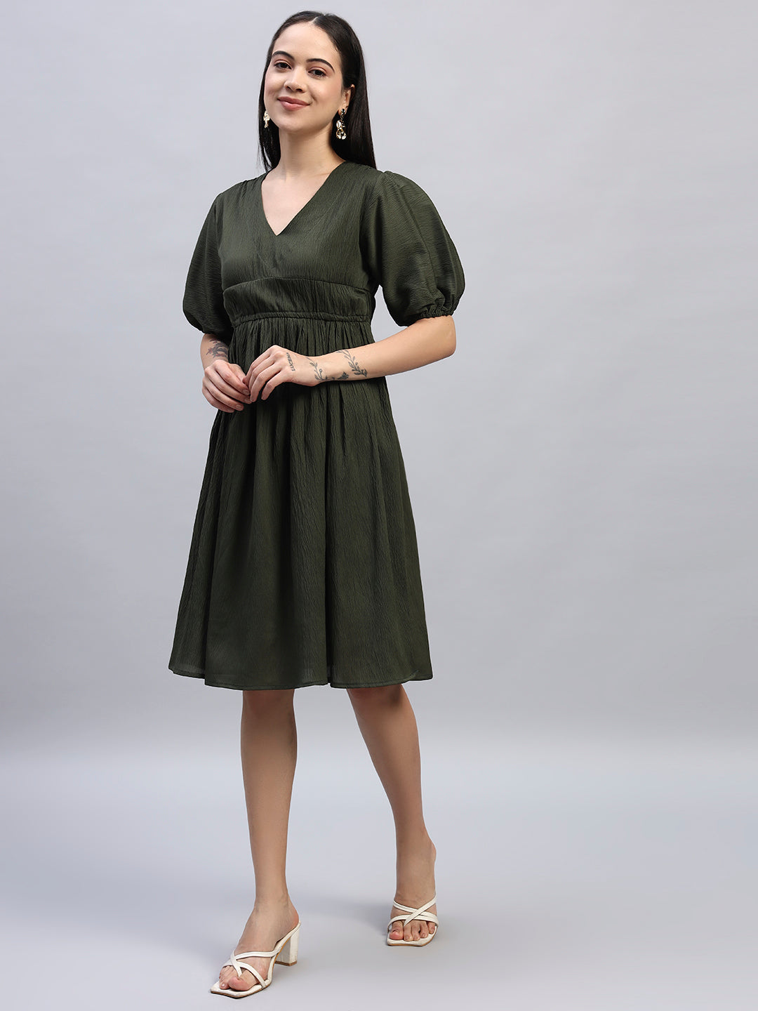 Women Dark Green Solid Flared Dress