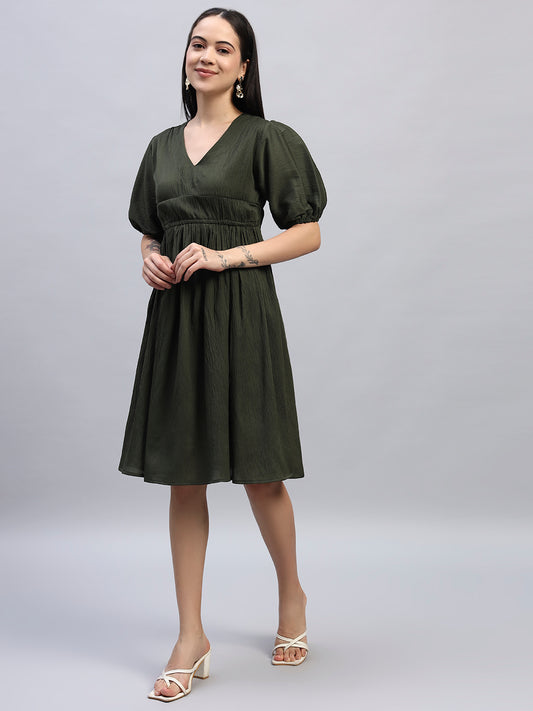 Women Dark Green Solid Flared Dress
