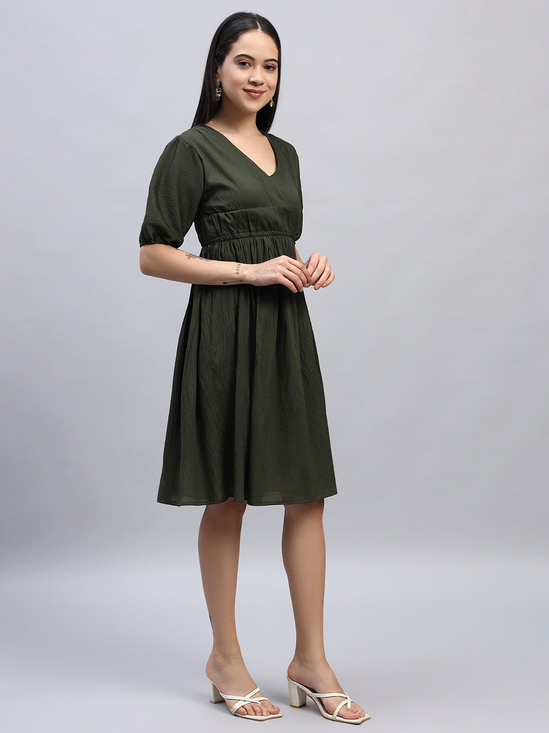 Women Dark Green Solid Flared Dress