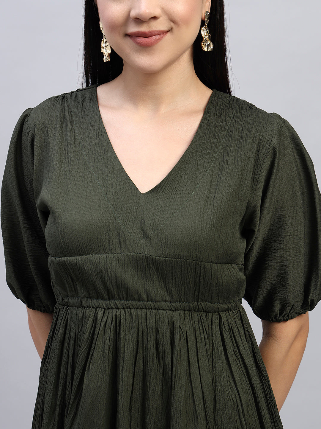 Women Dark Green Solid Flared Dress