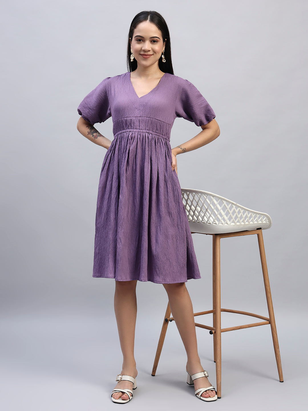 Women Purple Solid Flared Dress