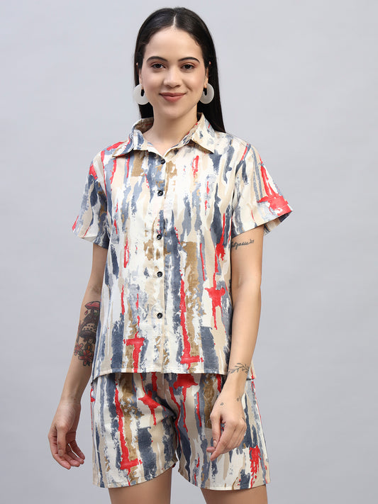 Women Red & Grey Printed Shirt Co-Ords
