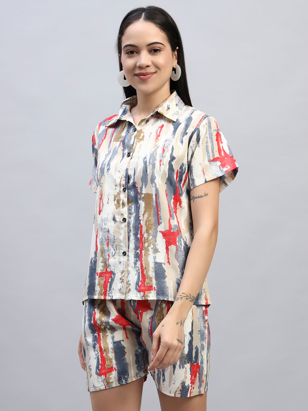 Women Red & Grey Printed Shirt Co-Ords