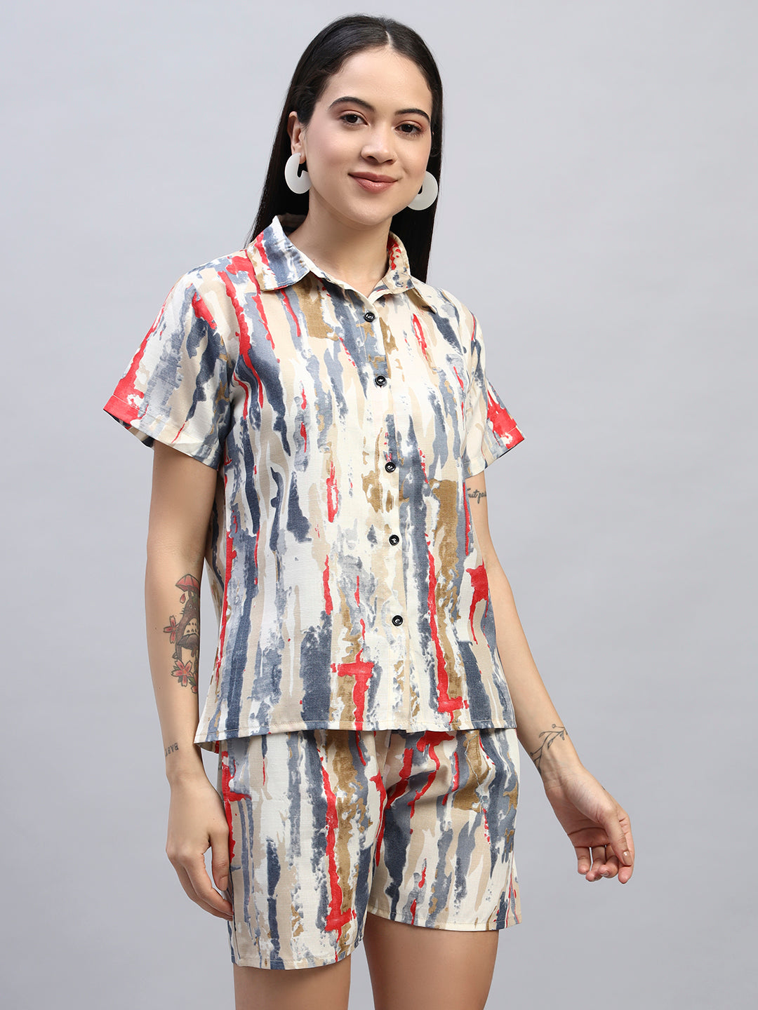 Women Red & Grey Printed Shirt Co-Ords