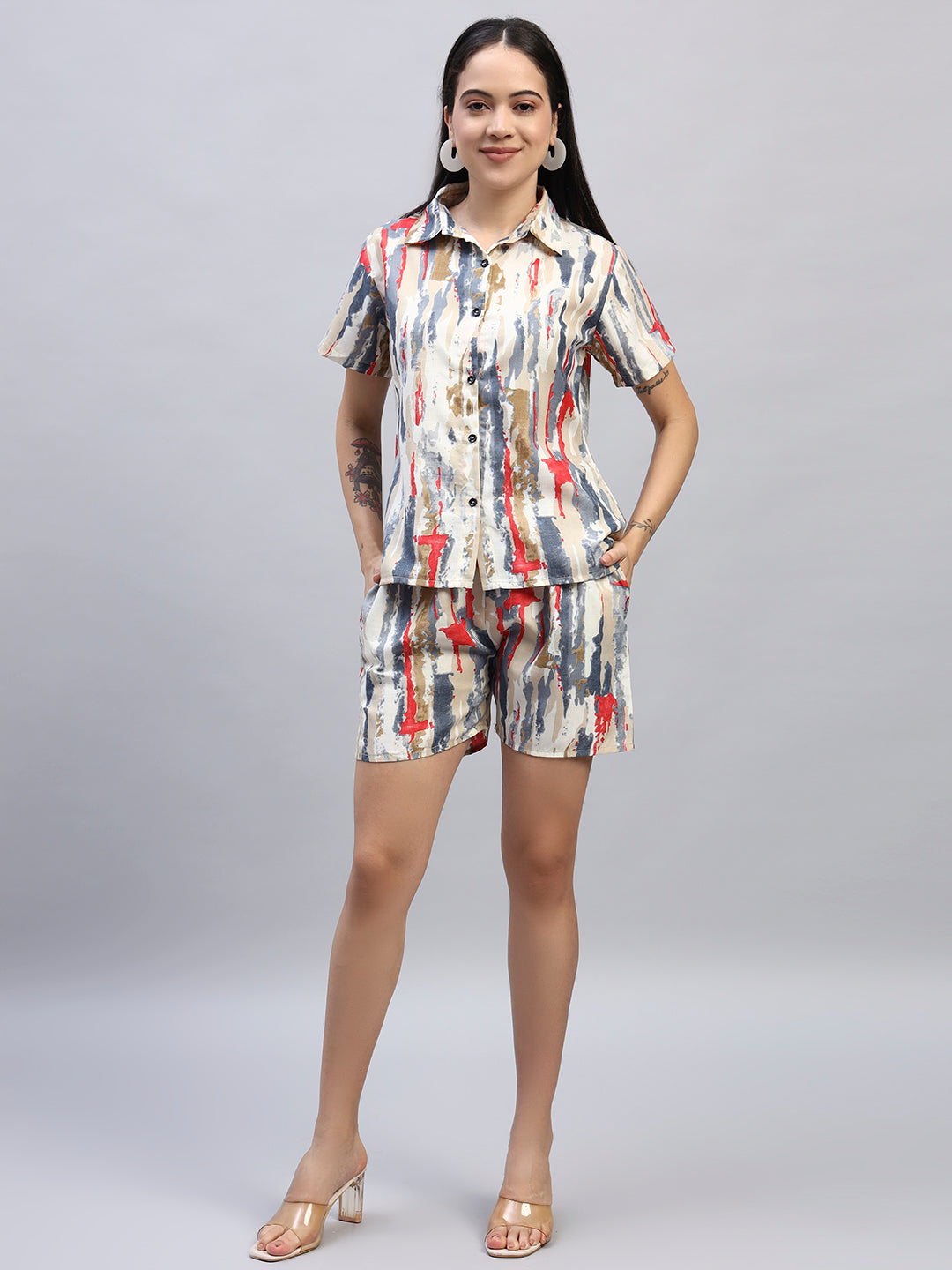 Women Red & Grey Printed Shirt Co-Ords