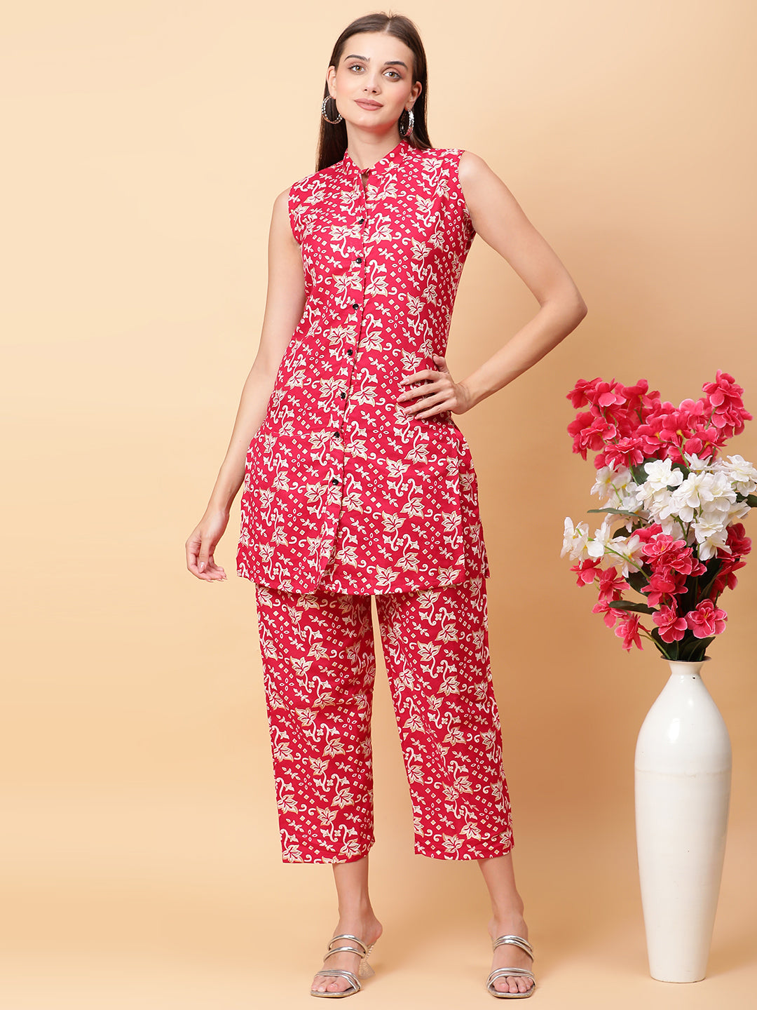 Women Pink Printed Shirt Co-Ords Set