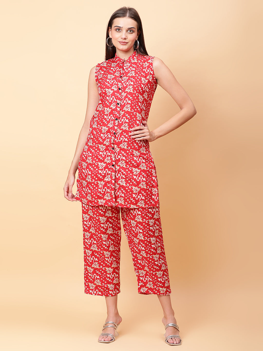 Women Red Printed Shirt Co-Ords