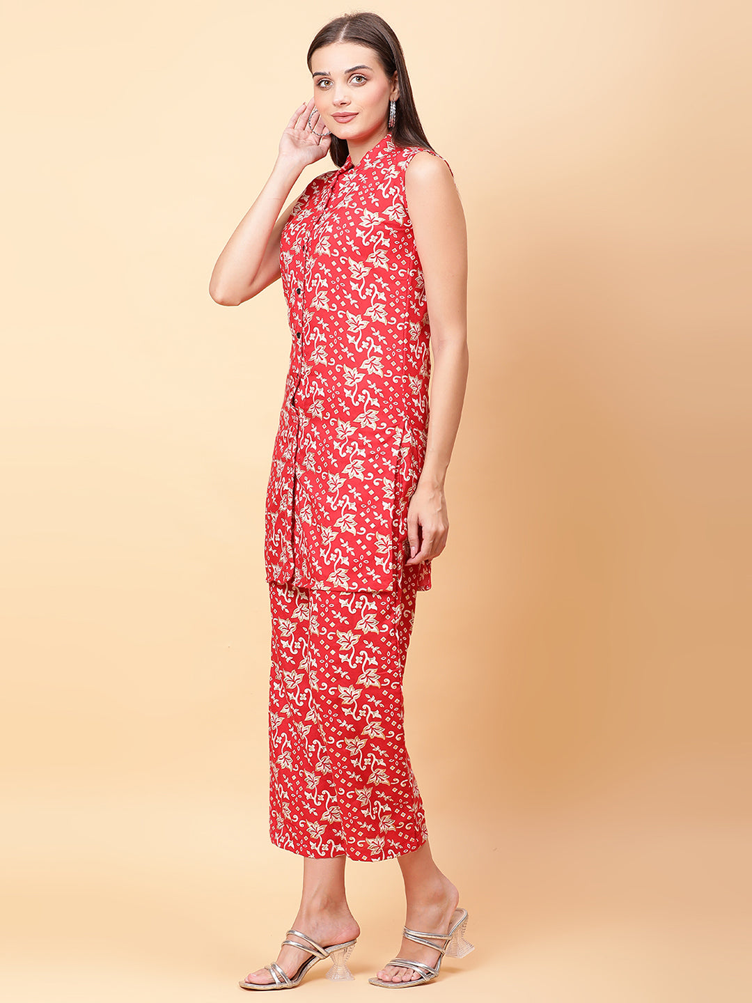 Women Red Printed Shirt Co-Ords