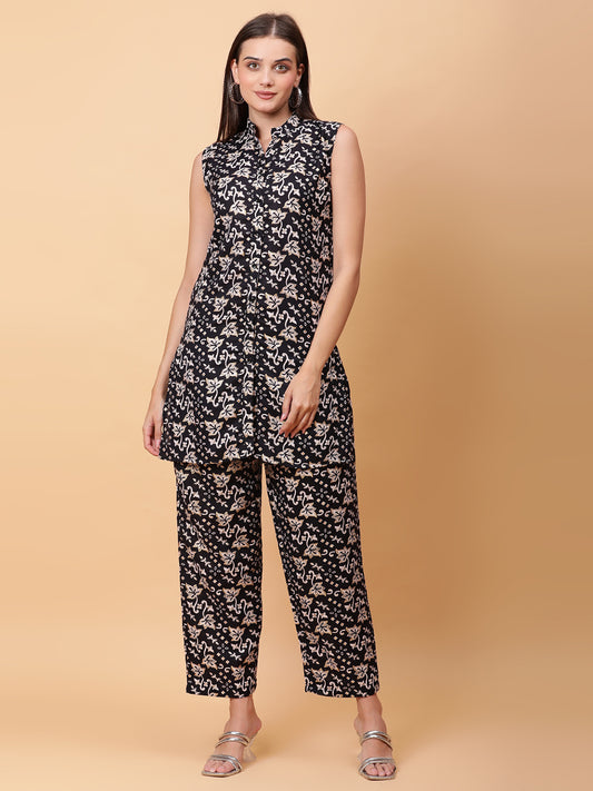 Women Black Printed Shirt Co-Ords Set