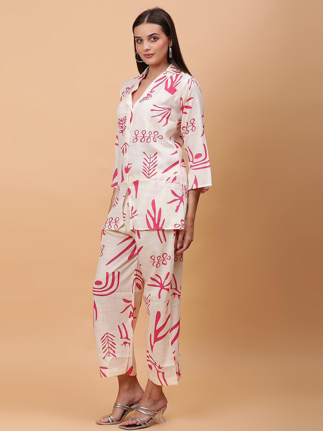 Women Pink Printed Shirt Co-Ords Set