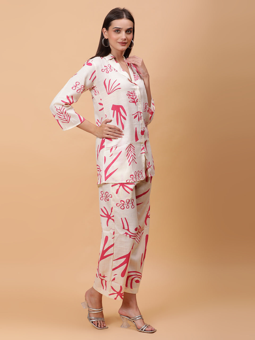 Women Pink Printed Shirt Co-Ords Set