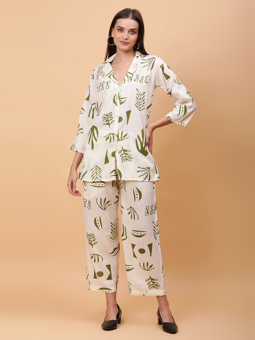 Women Olive Green Printed Shirt Co-Ords Set