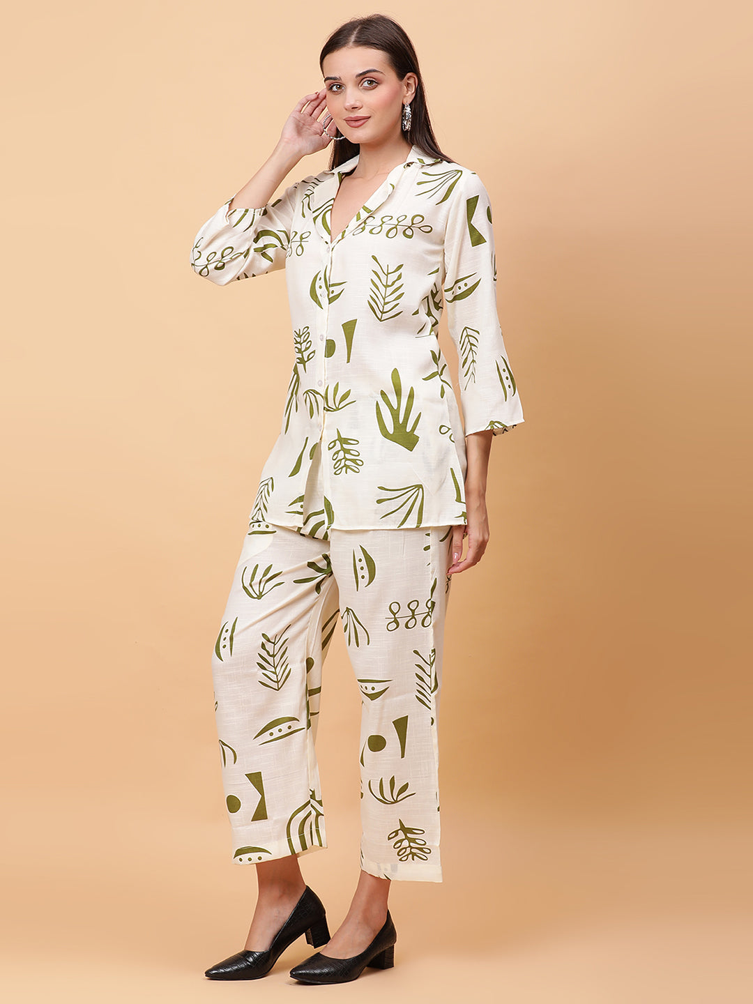 Women Olive Green Printed Shirt Co-Ords Set