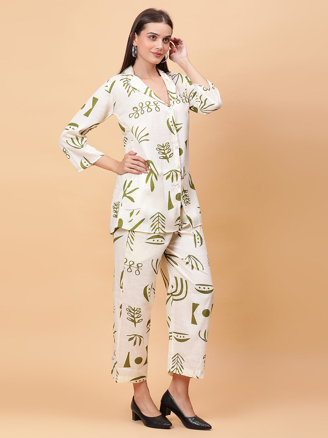 Women Olive Green Printed Shirt Co-Ords Set