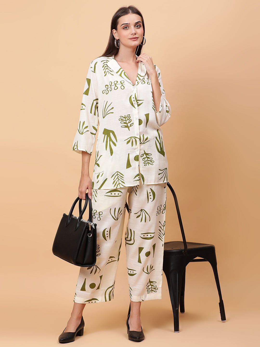 Women Olive Green Printed Shirt Co-Ords Set