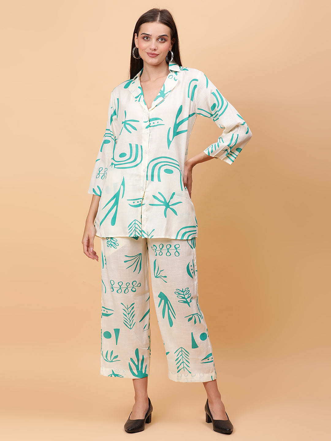 Women White Printed Shirt Co-Ords