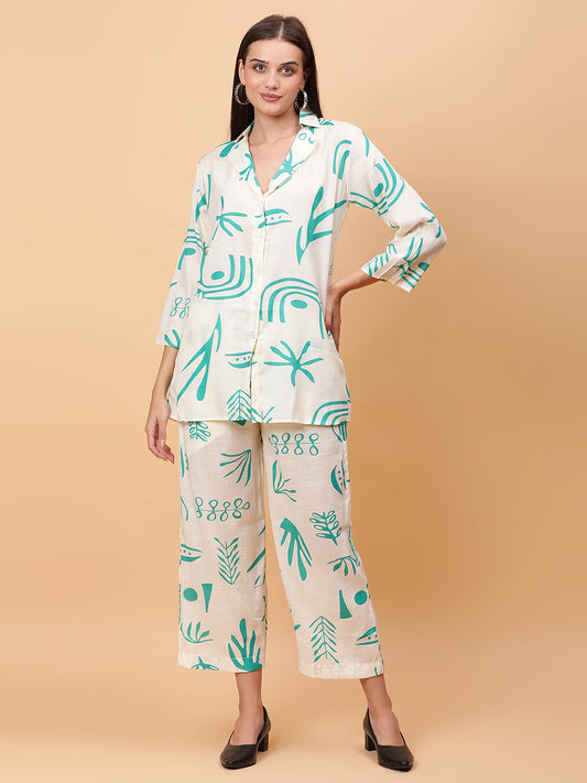 Women White Printed Shirt Co-Ords