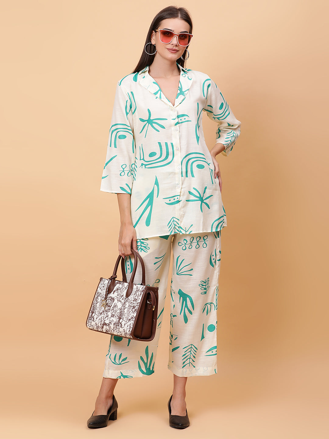 Women White Printed Shirt Co-Ords