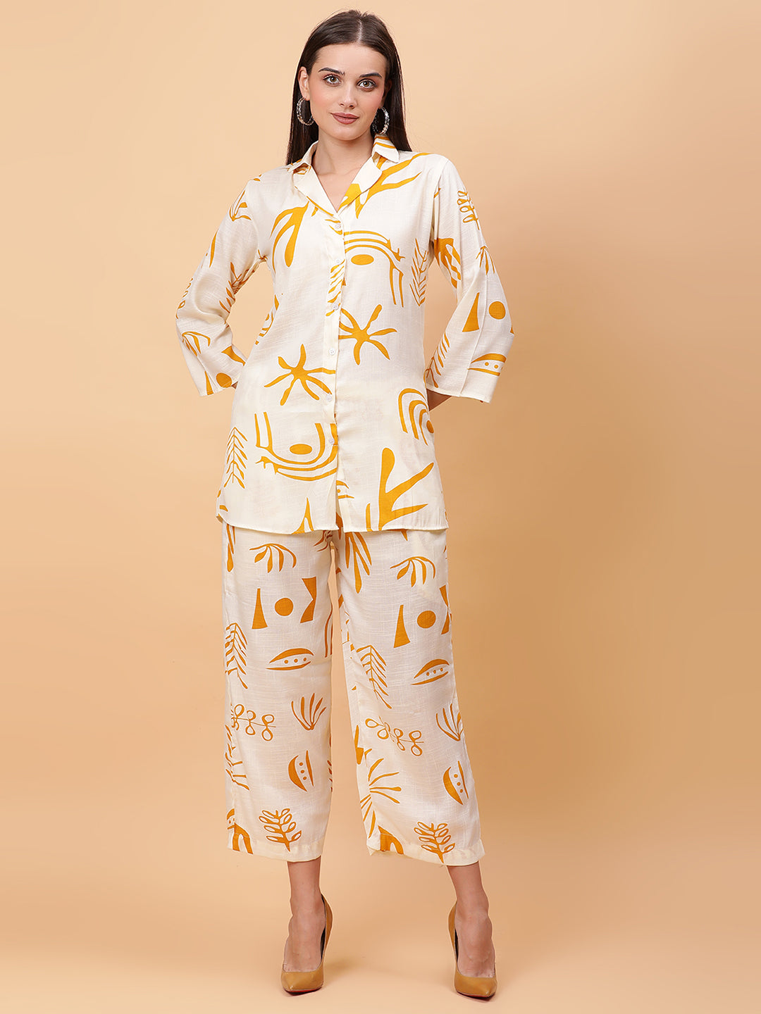 Women Yellow Printed Shirt Co-Ords