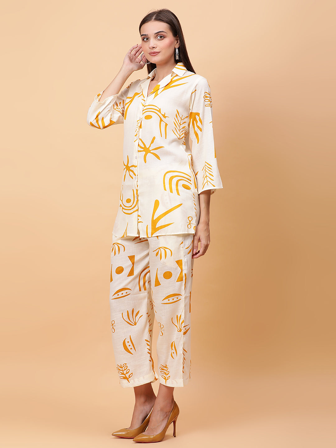 Women Yellow Printed Shirt Co-Ords