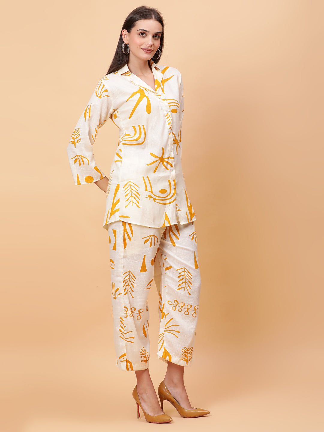 Women Yellow Printed Shirt Co-Ords