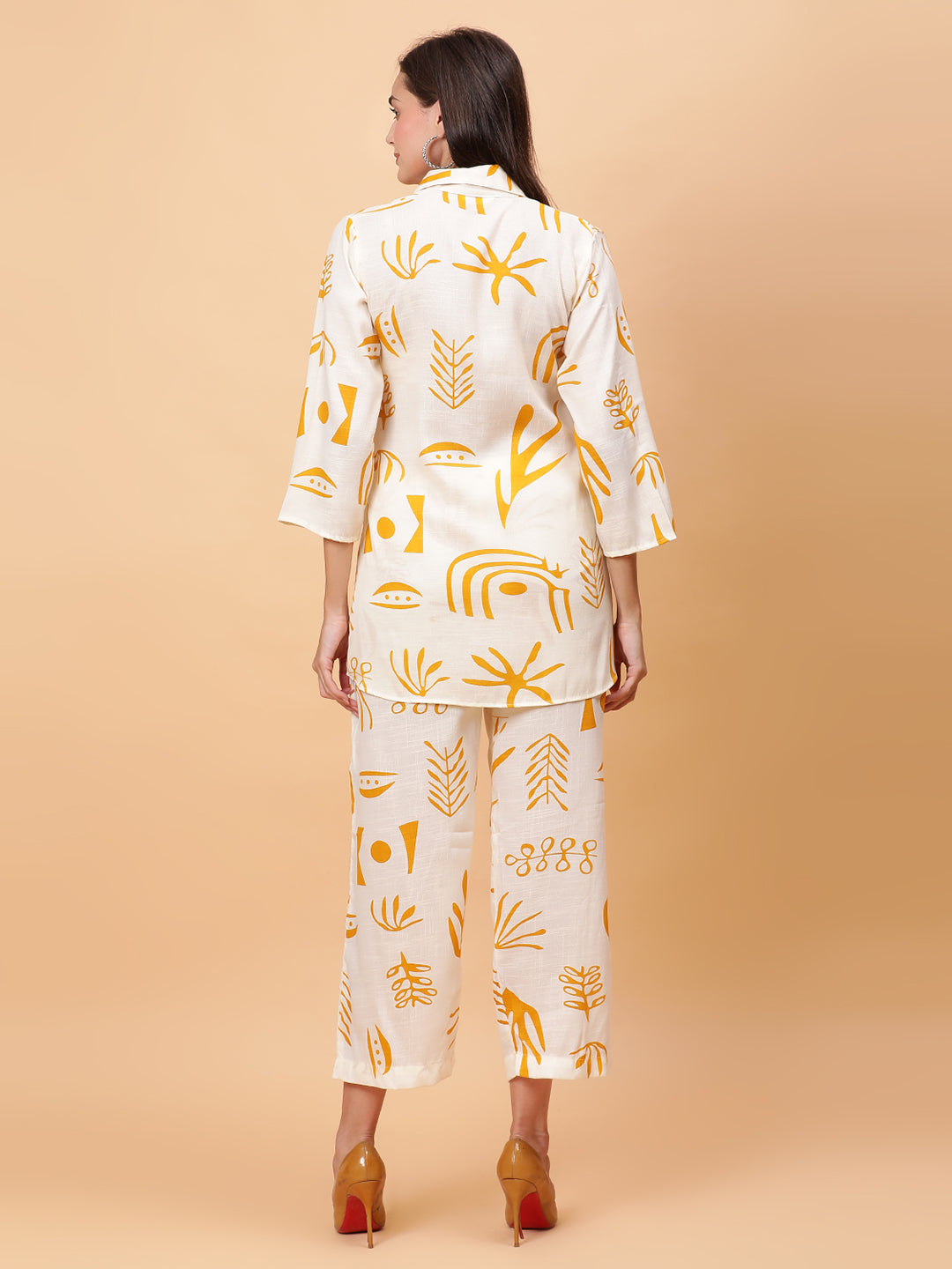 Women Yellow Printed Shirt Co-Ords