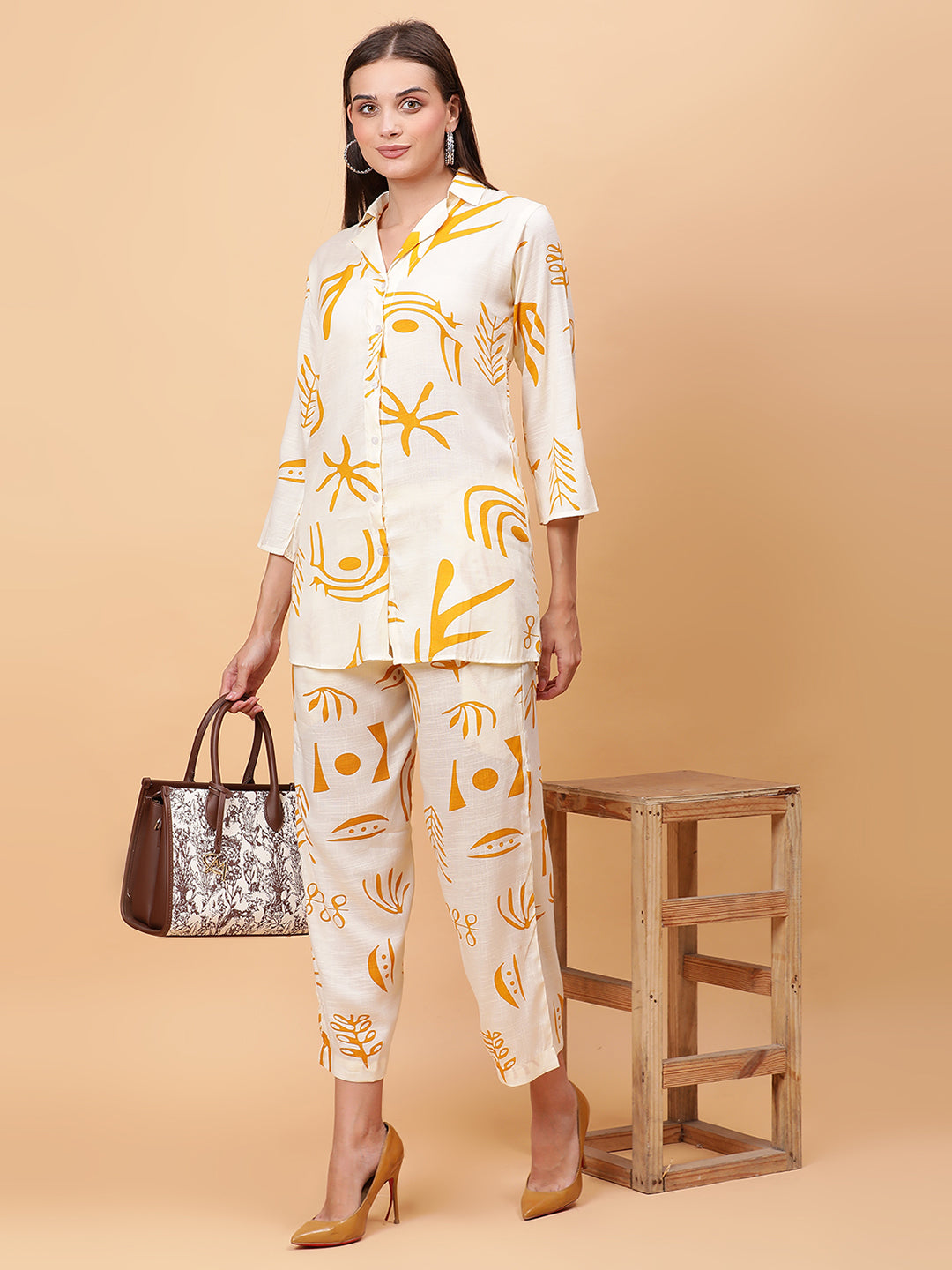 Women Yellow Printed Shirt Co-Ords