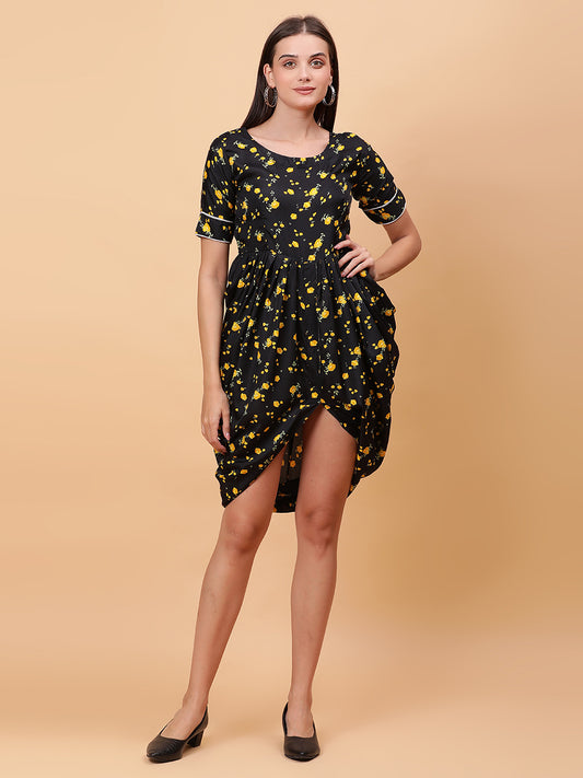 Women Black &amp; Yellow Printed Dress