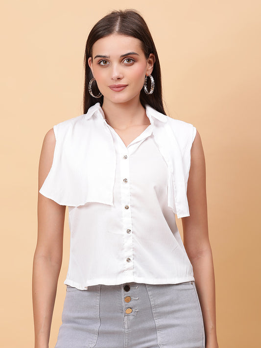 Women White Collar Neck Frill Crop Top