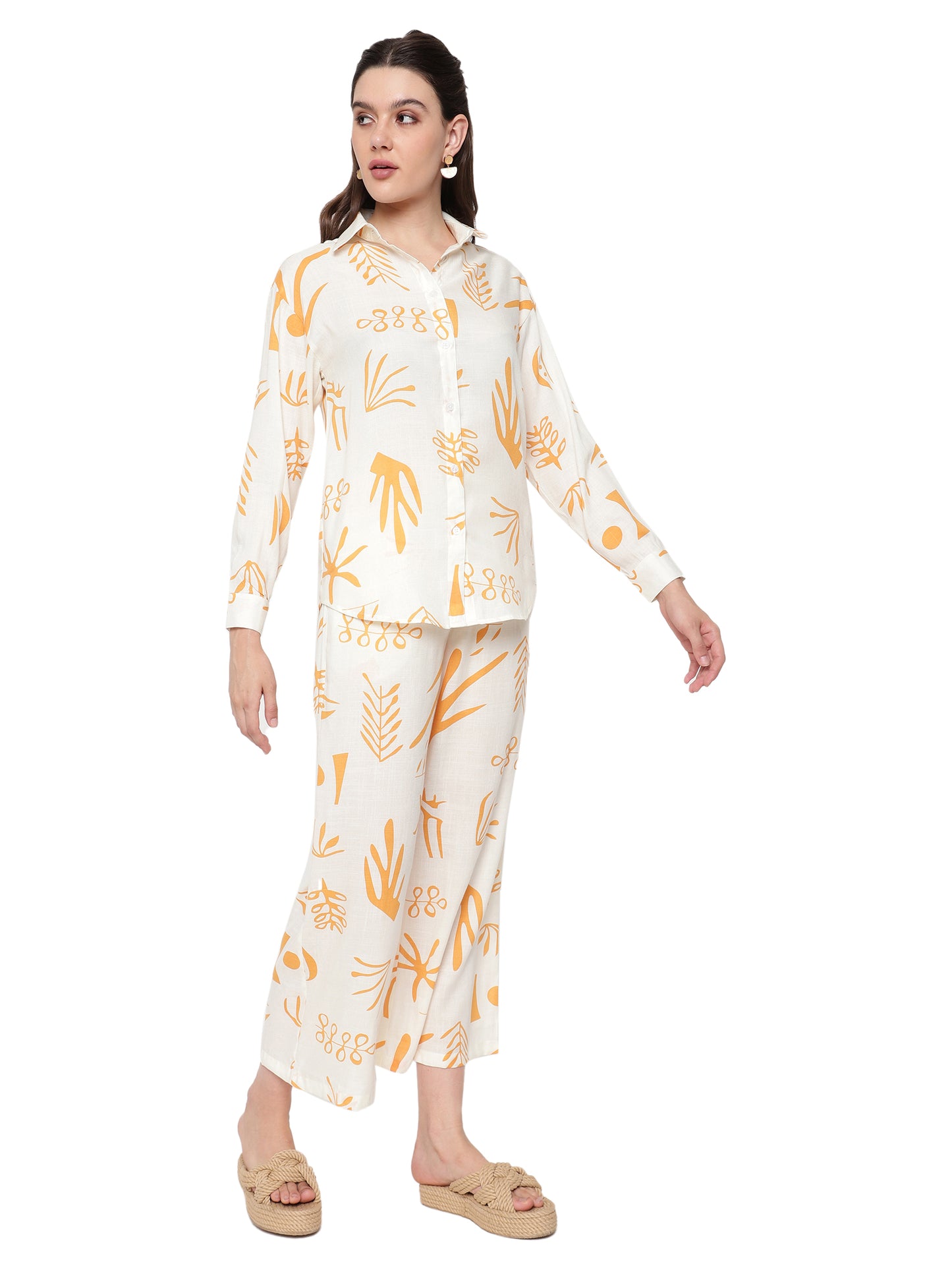 Women White & Yellow Printed Shirt Plazzo Co-Ords