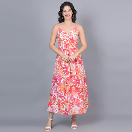 Women Orange Floral Strappy Maxi Dress
