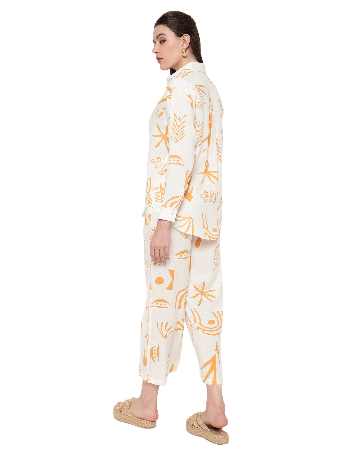 Women White & Yellow Printed Shirt Plazzo Co-Ords