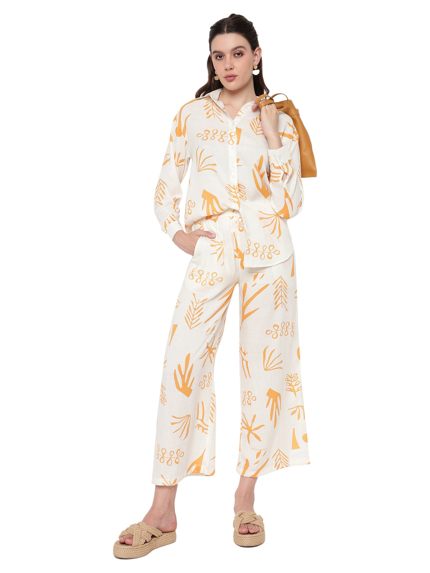 Women White & Yellow Printed Shirt Plazzo Co-Ords