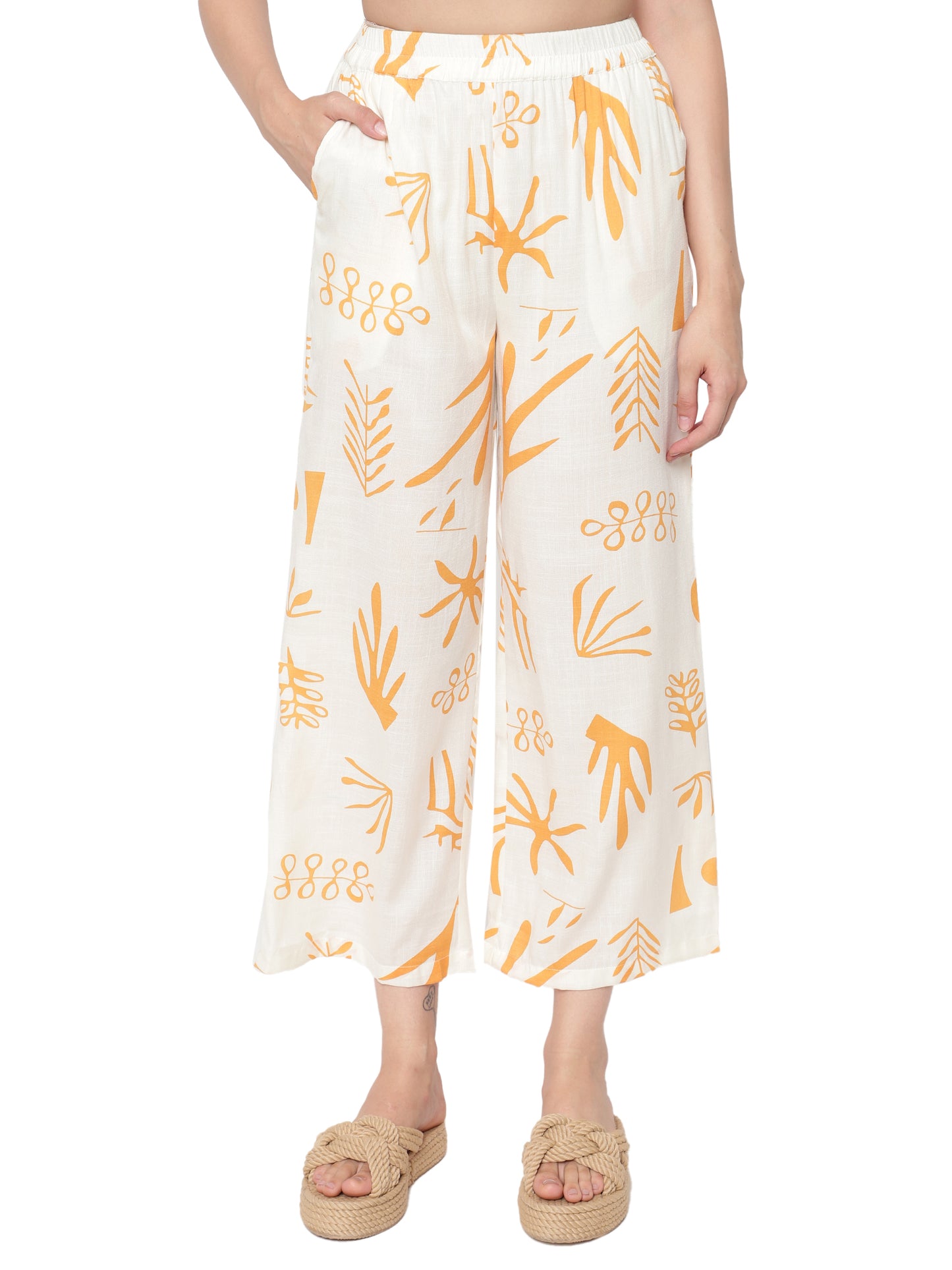 Women White & Yellow Printed Shirt Plazzo Co-Ords