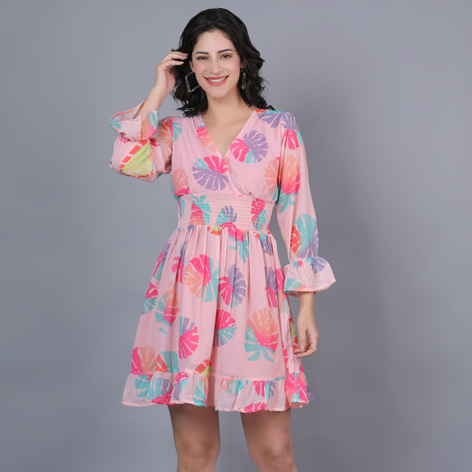 Women Peach Printed Flared Dress