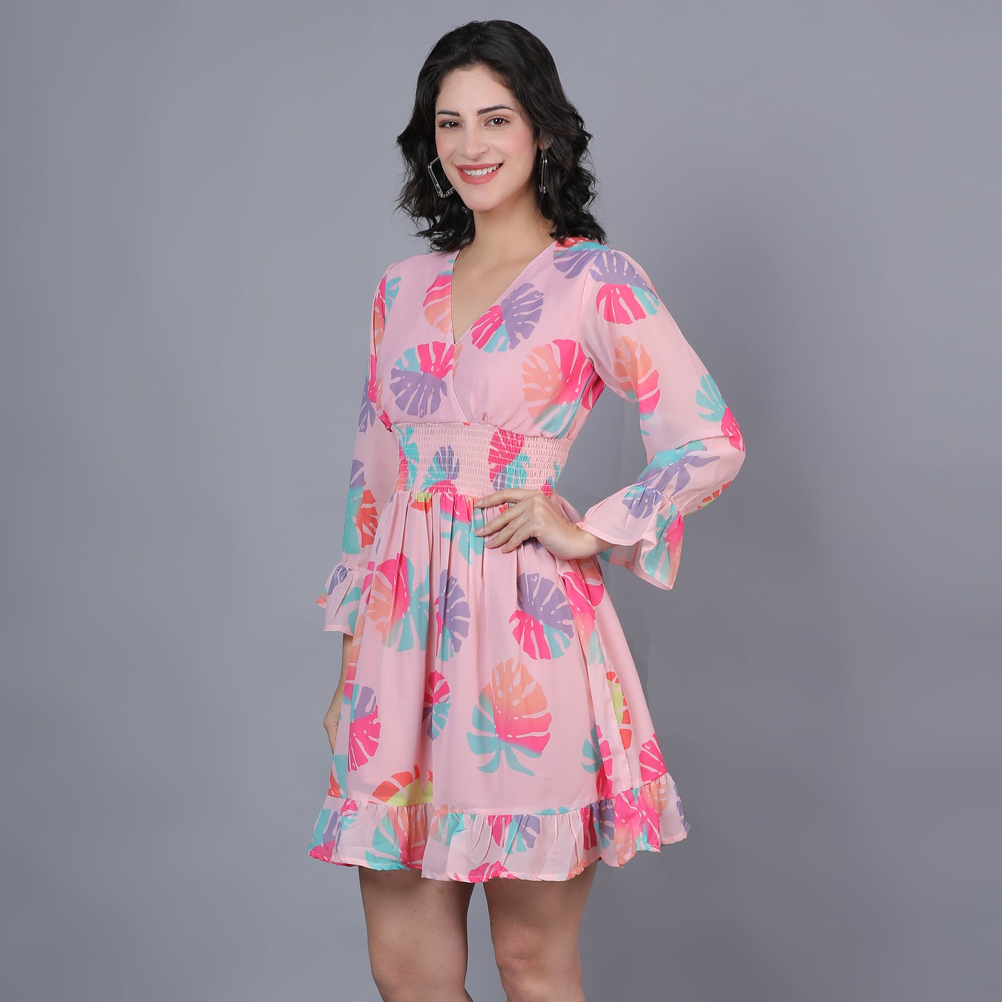 Women Peach Printed Flared Dress