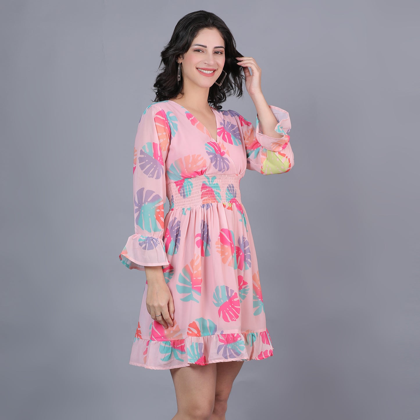 Women Peach Printed Flared Dress