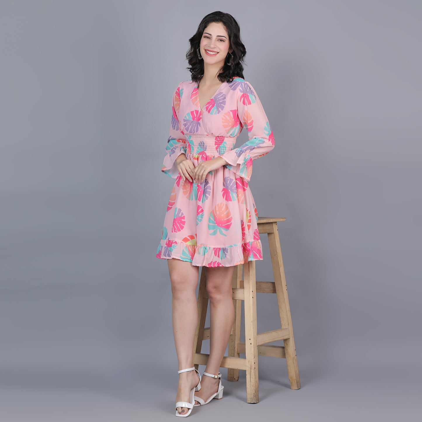 Women Peach Printed Flared Dress