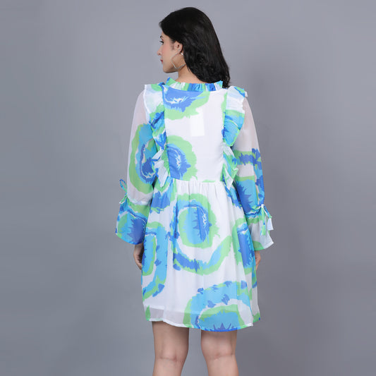 White & Green Printed Flared Dress