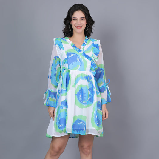 White & Green Printed Flared Dress