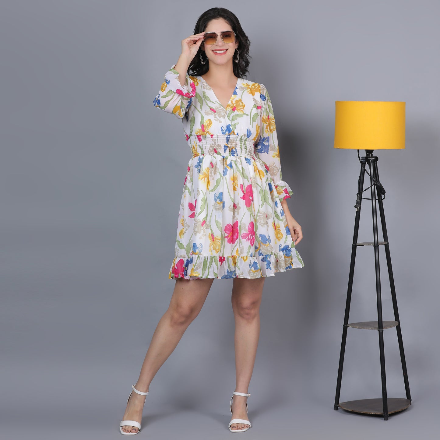 Women White & Yellow Printed Flared Dress
