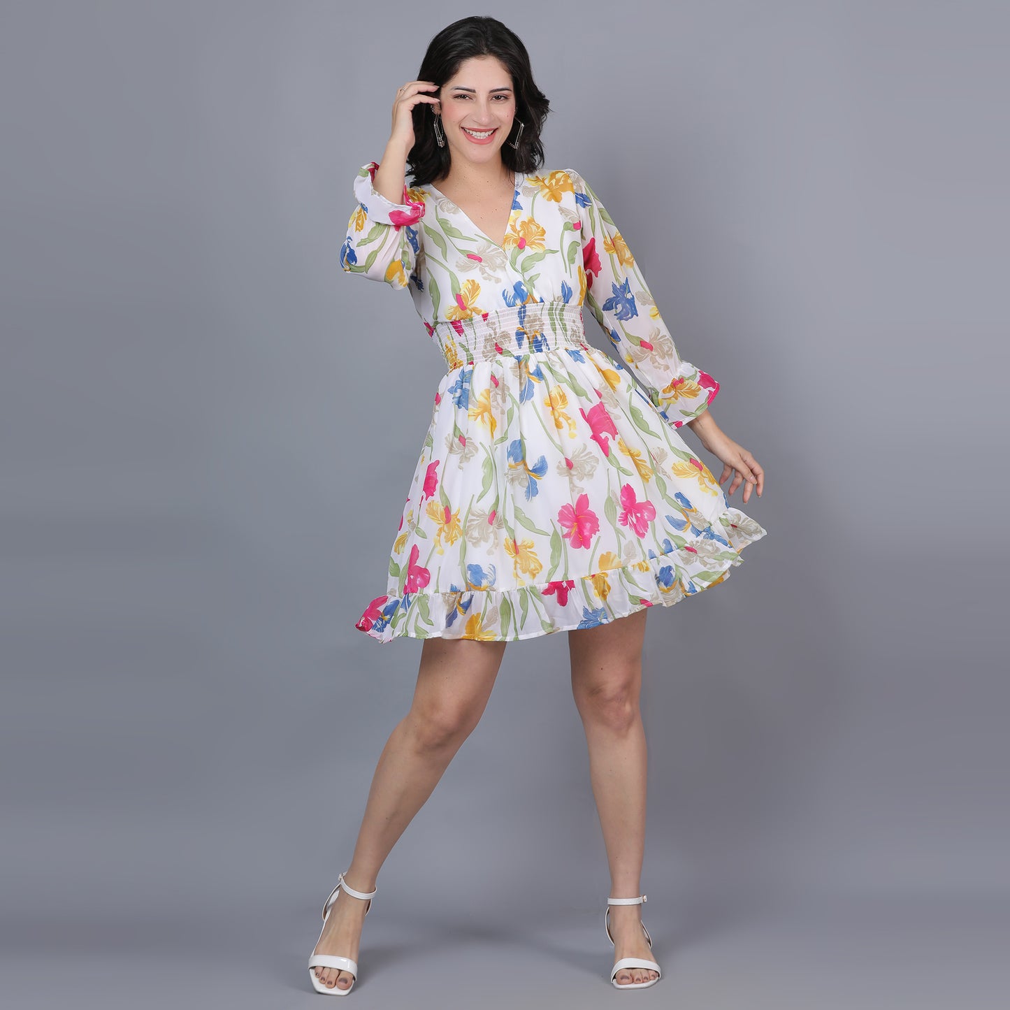 Women White & Yellow Printed Flared Dress