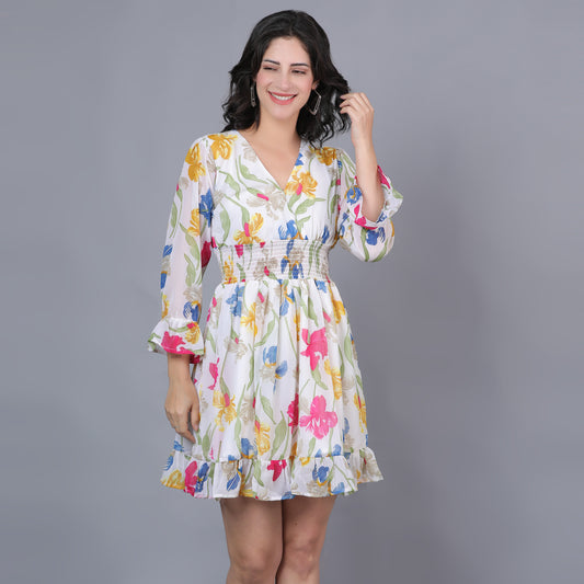 Women White & Yellow Printed Flared Dress