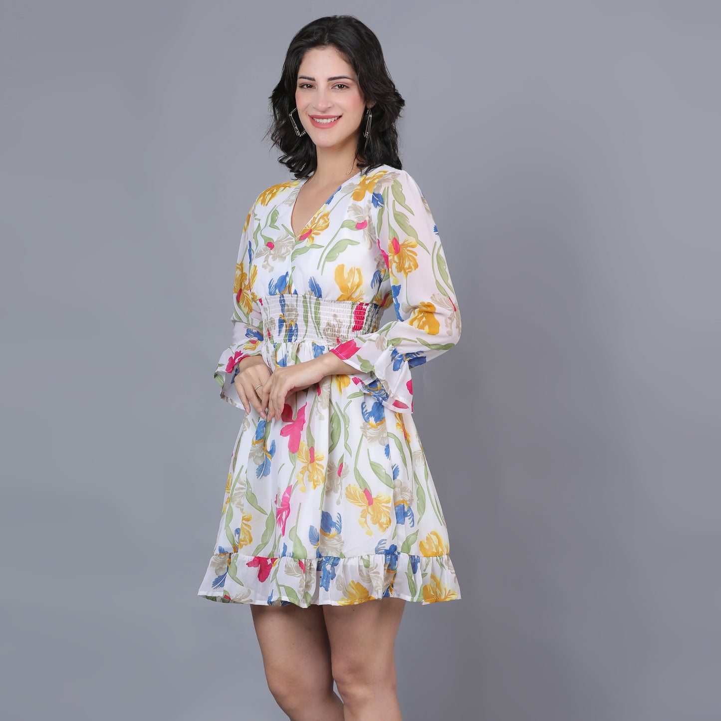 Women White & Yellow Printed Flared Dress