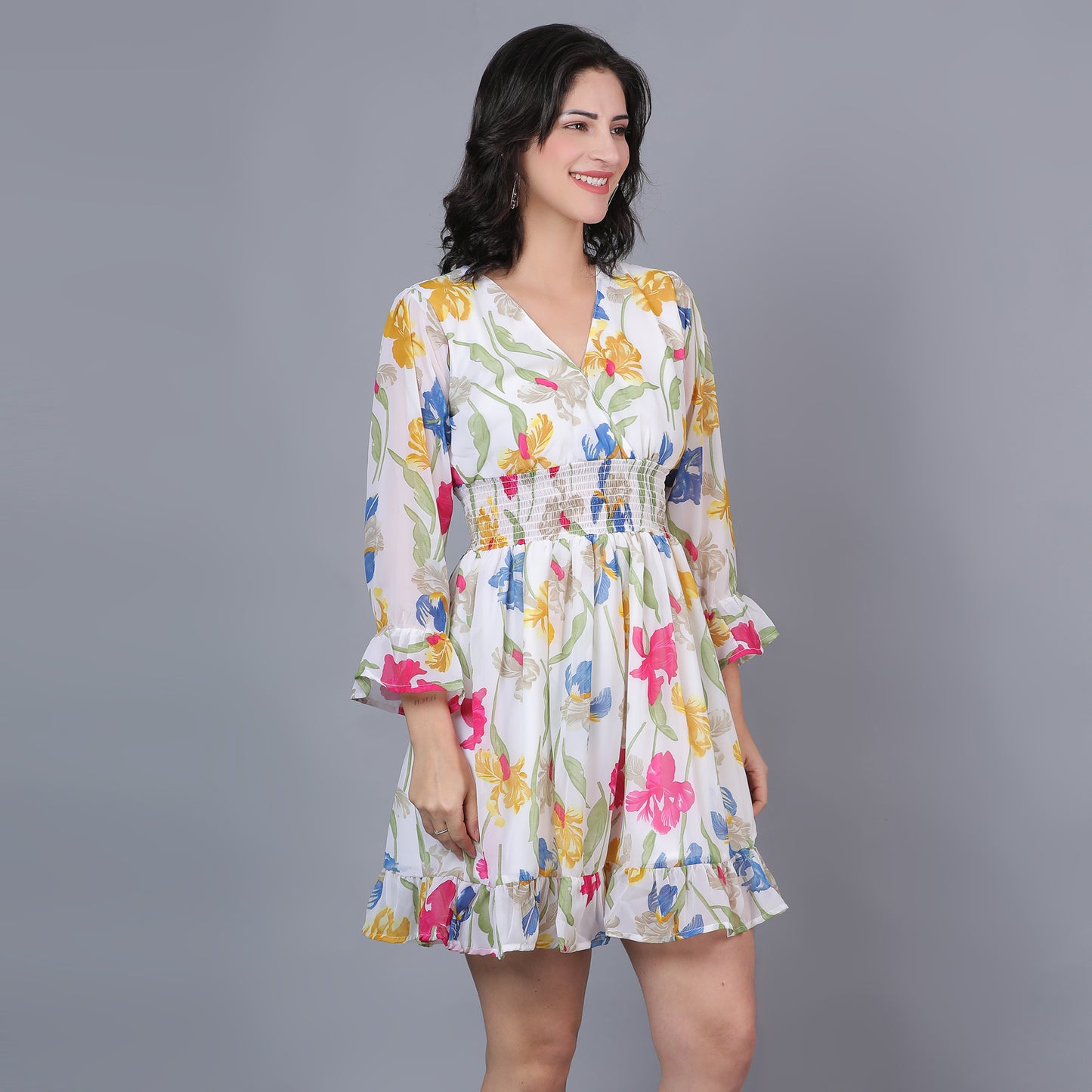 Women White & Yellow Printed Flared Dress