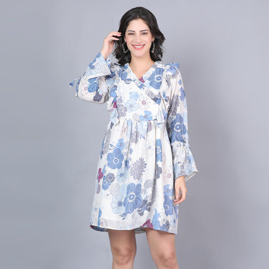 Women Blue & White Printed Flared Dress