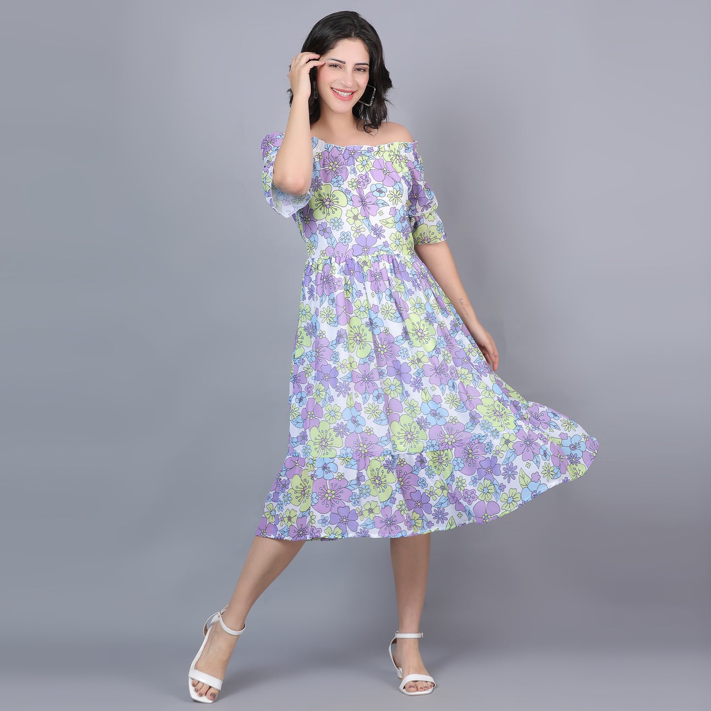 Women Lavender Printed Flared Dress